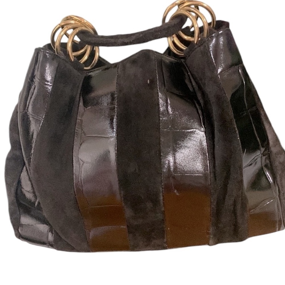 LA Covina black genuine leather suede bucket bag adjustable strap gold hardware